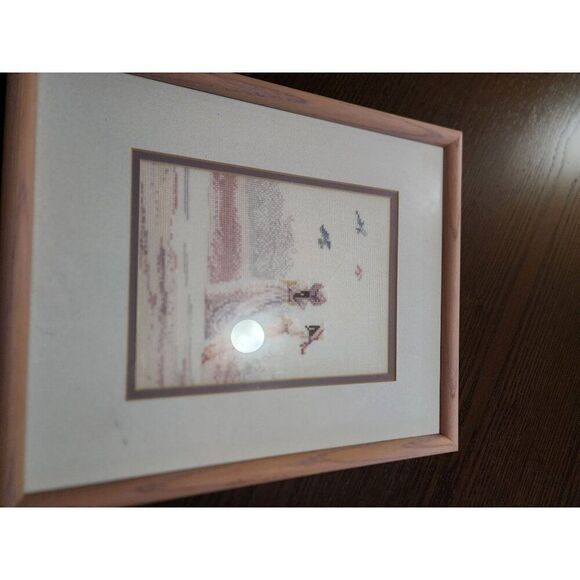 Vintage Cross-Stitch Beach Scene With Ladies In Bonnet Hats Framed Artwork - Picture 3 of 3